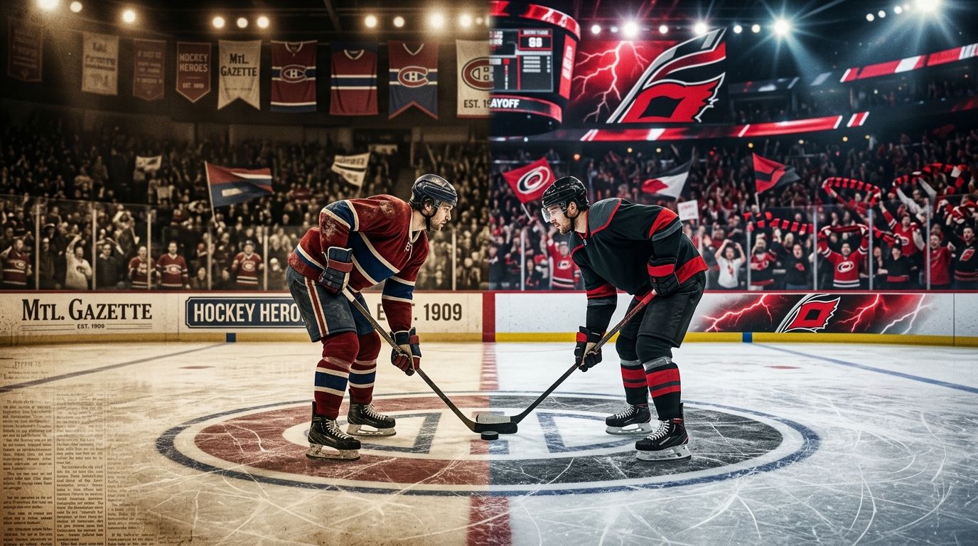 Editorial illustration of Montreal and Carolina hockey eras meeting at center ice