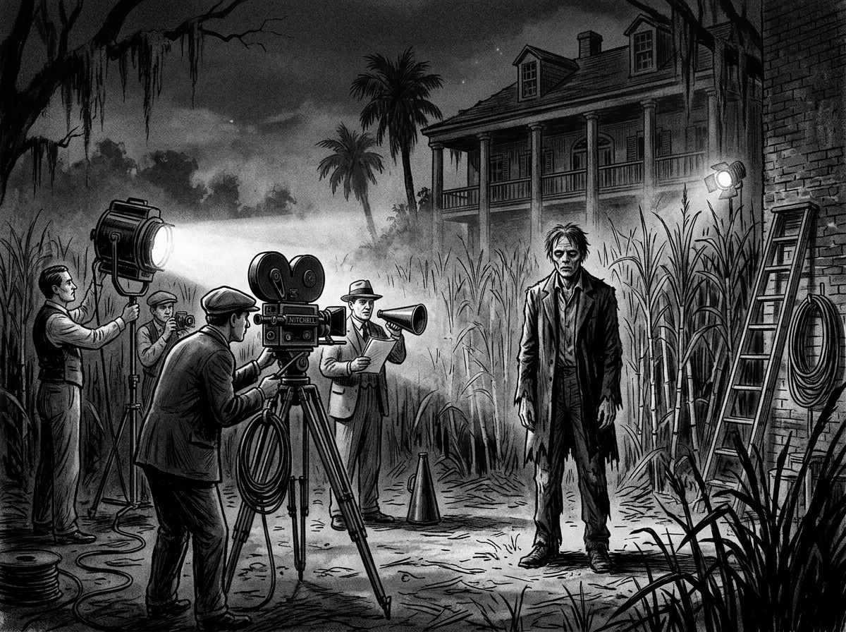 Black-and-white early zombie cinema scene inspired by 1930s horror atmosphere