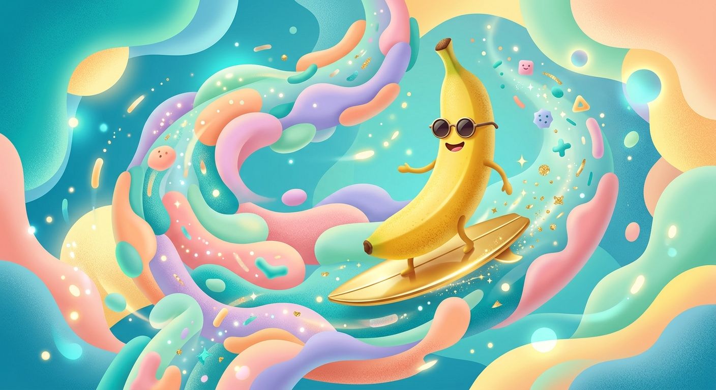 Funny illustrated banana surfing through a friendly digestive system