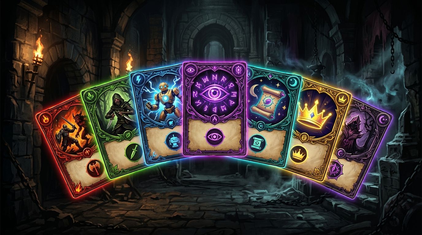 Glowing fantasy cards with elemental symbols fanned out in a torchlit dungeon