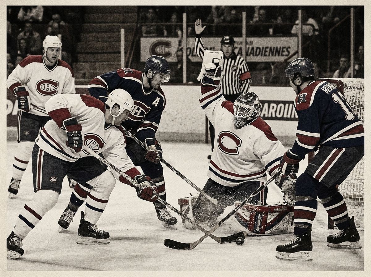 Vintage-style hockey illustration evoking early 2000s Montreal and Carolina playoff battles