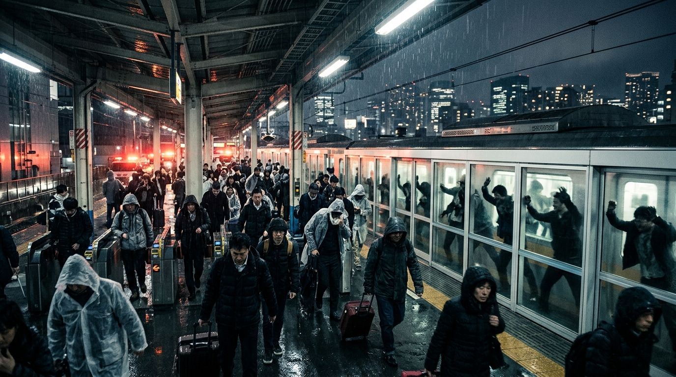 Modern zombie cinema scene with emergency lights at a rain-soaked train platform