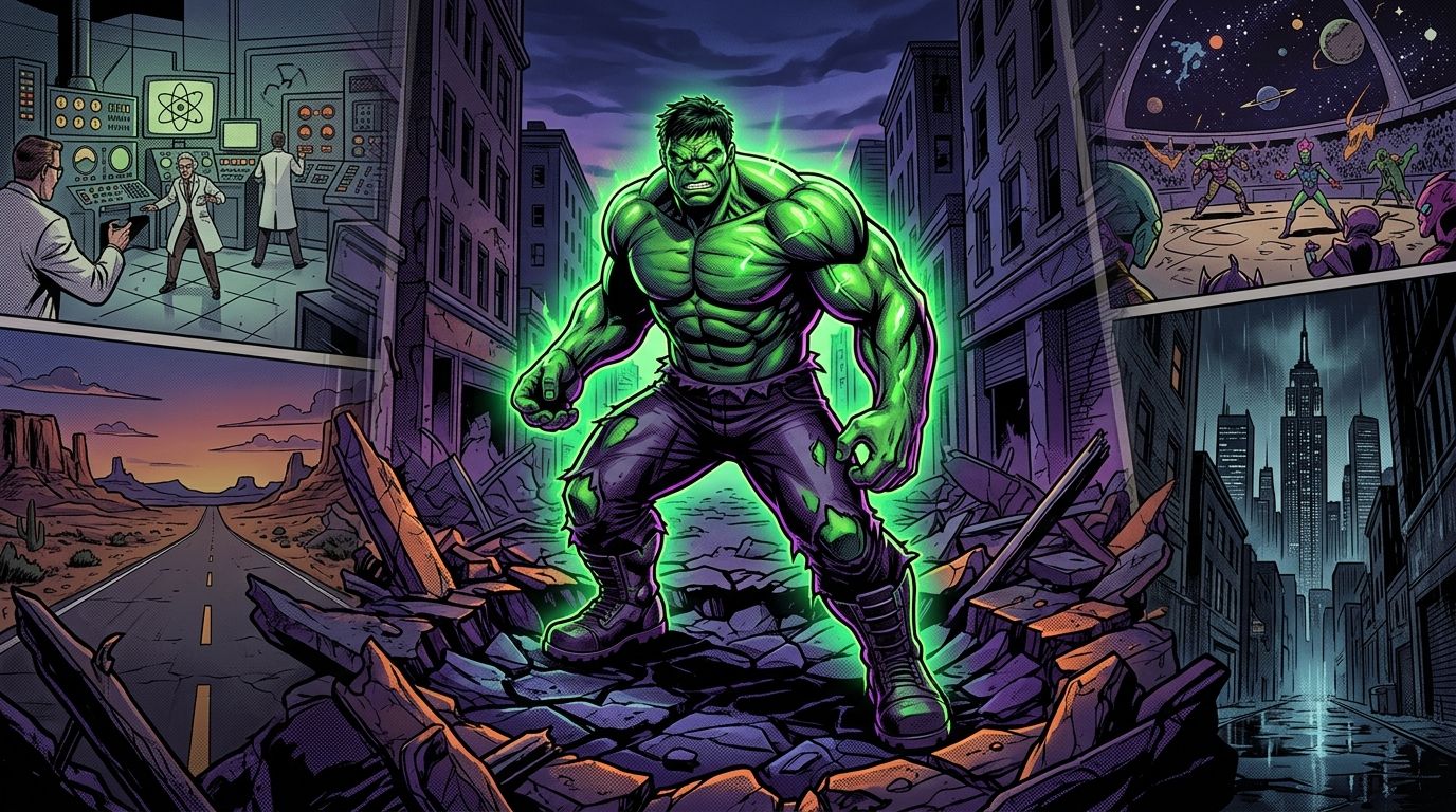 Comic-style green gamma hero standing in a smash crater across multiple Marvel-inspired eras