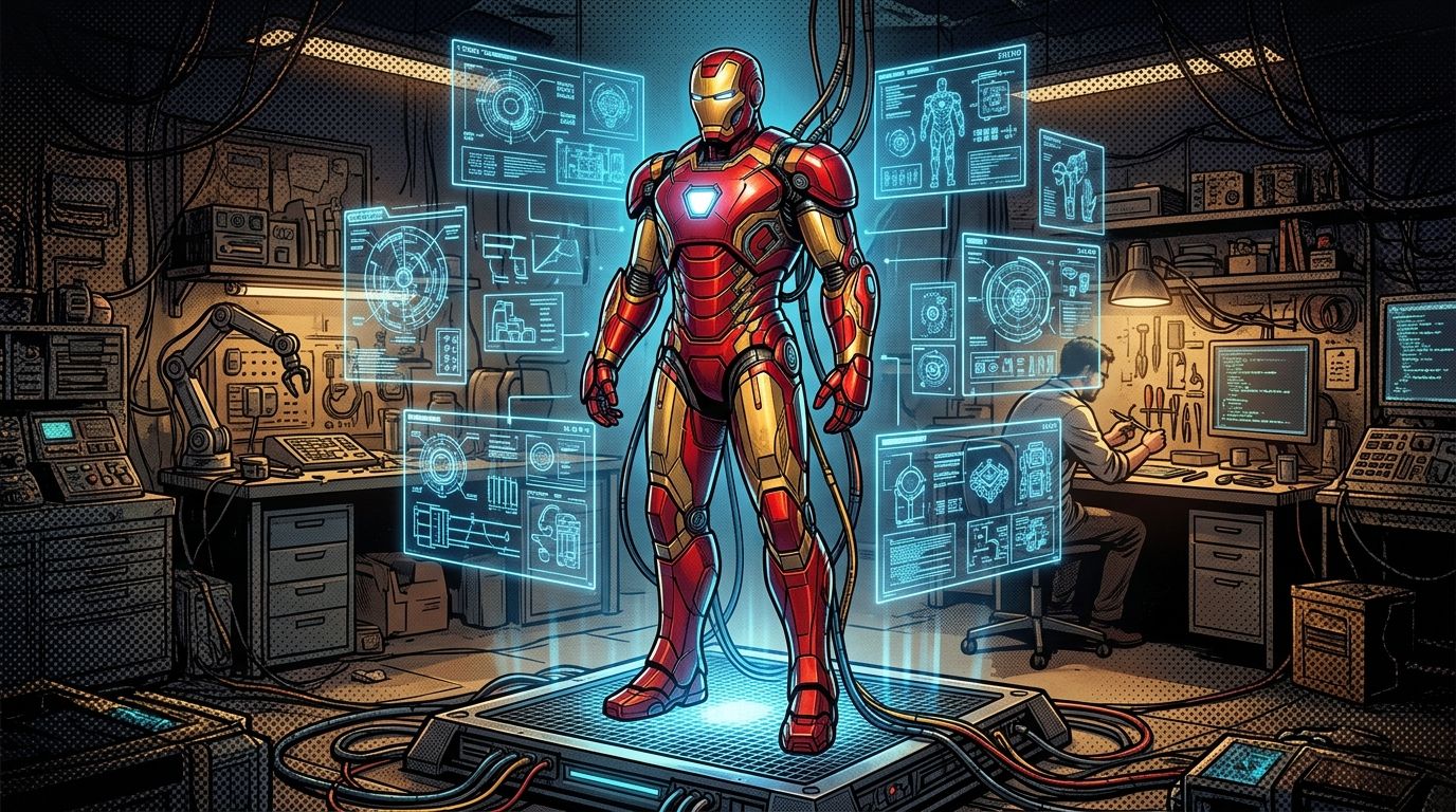 Stylized powered armor displayed in a futuristic workshop with holographic schematics