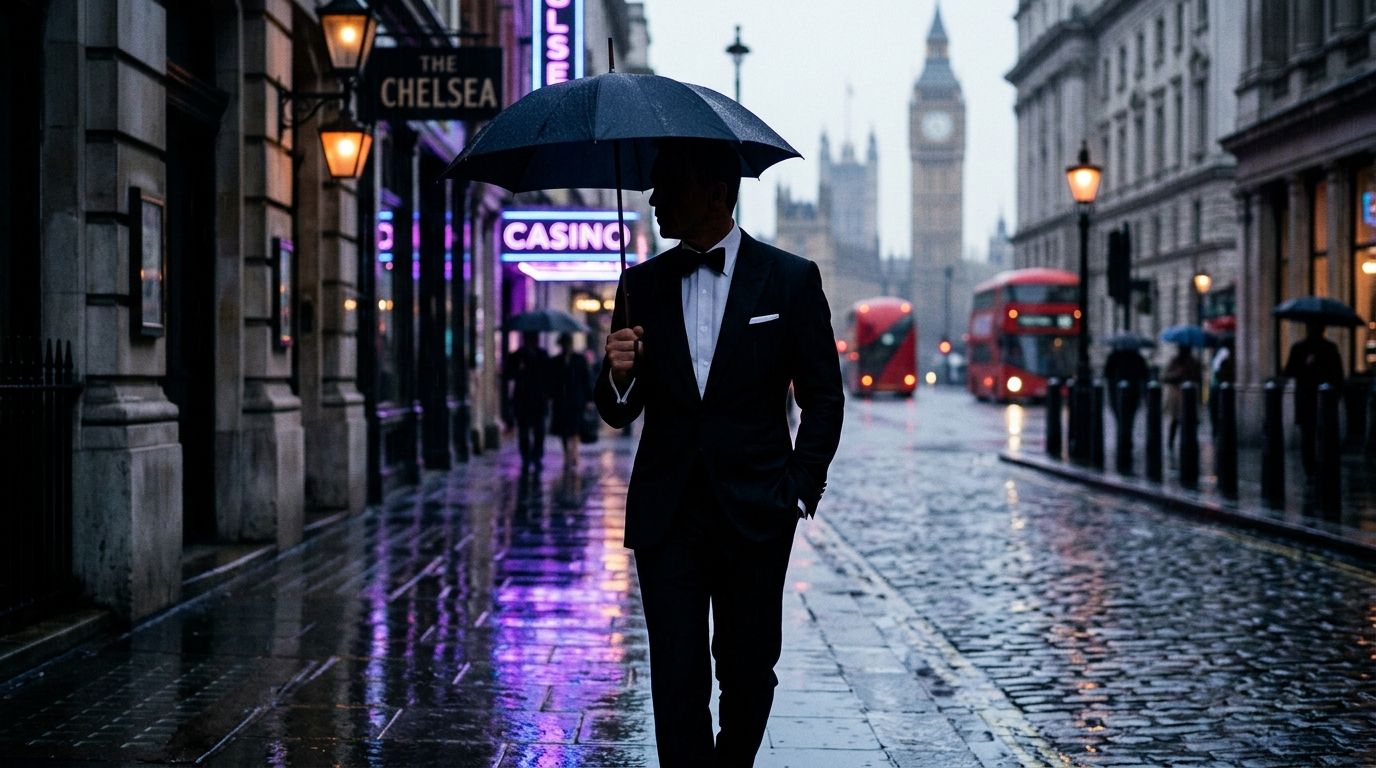 A cinematic, photorealistic silhouette of a tuxedoed spy on a purple-lit London street