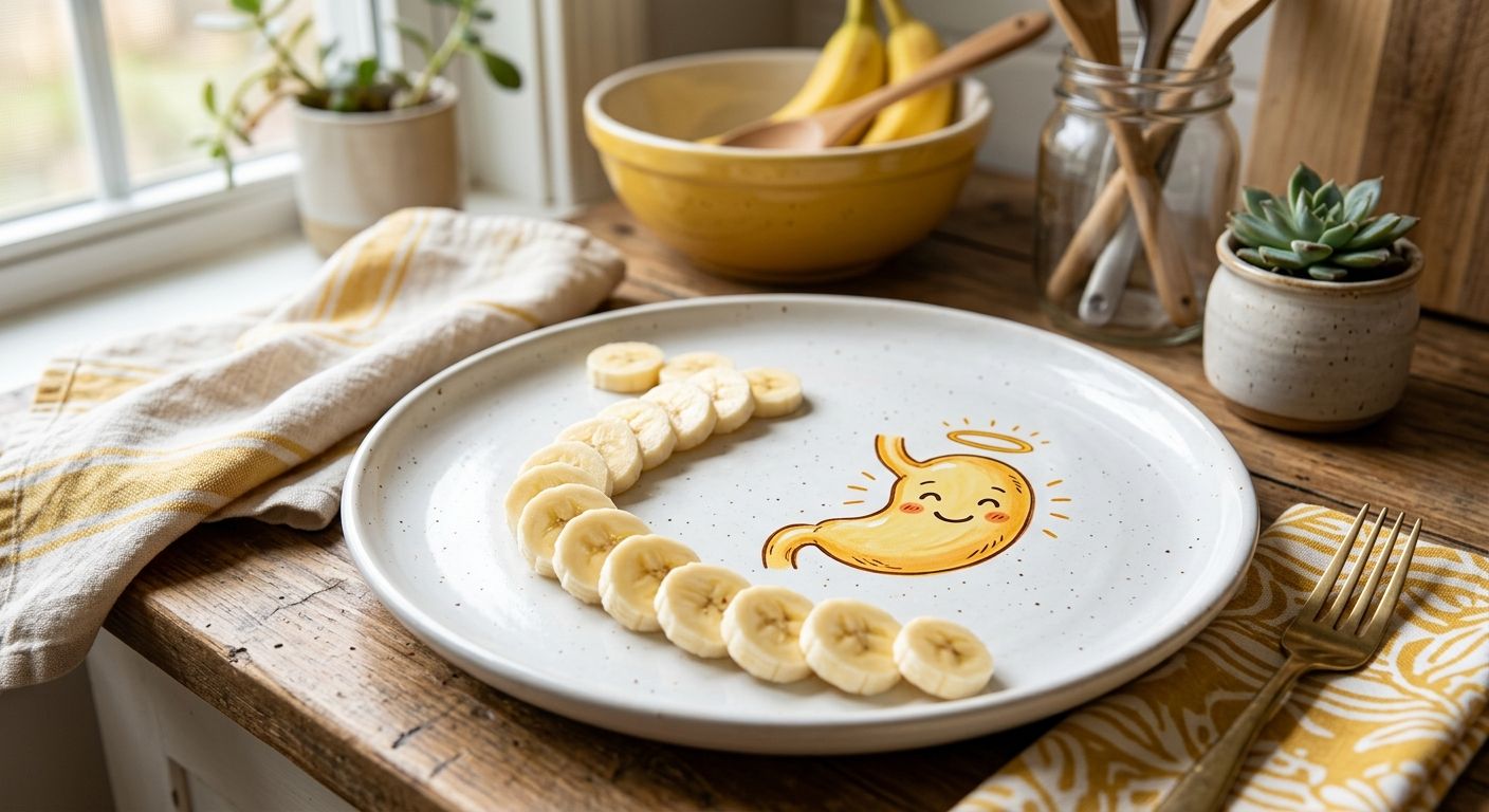 Banana slices leading toward a calm happy stomach icon on a plate