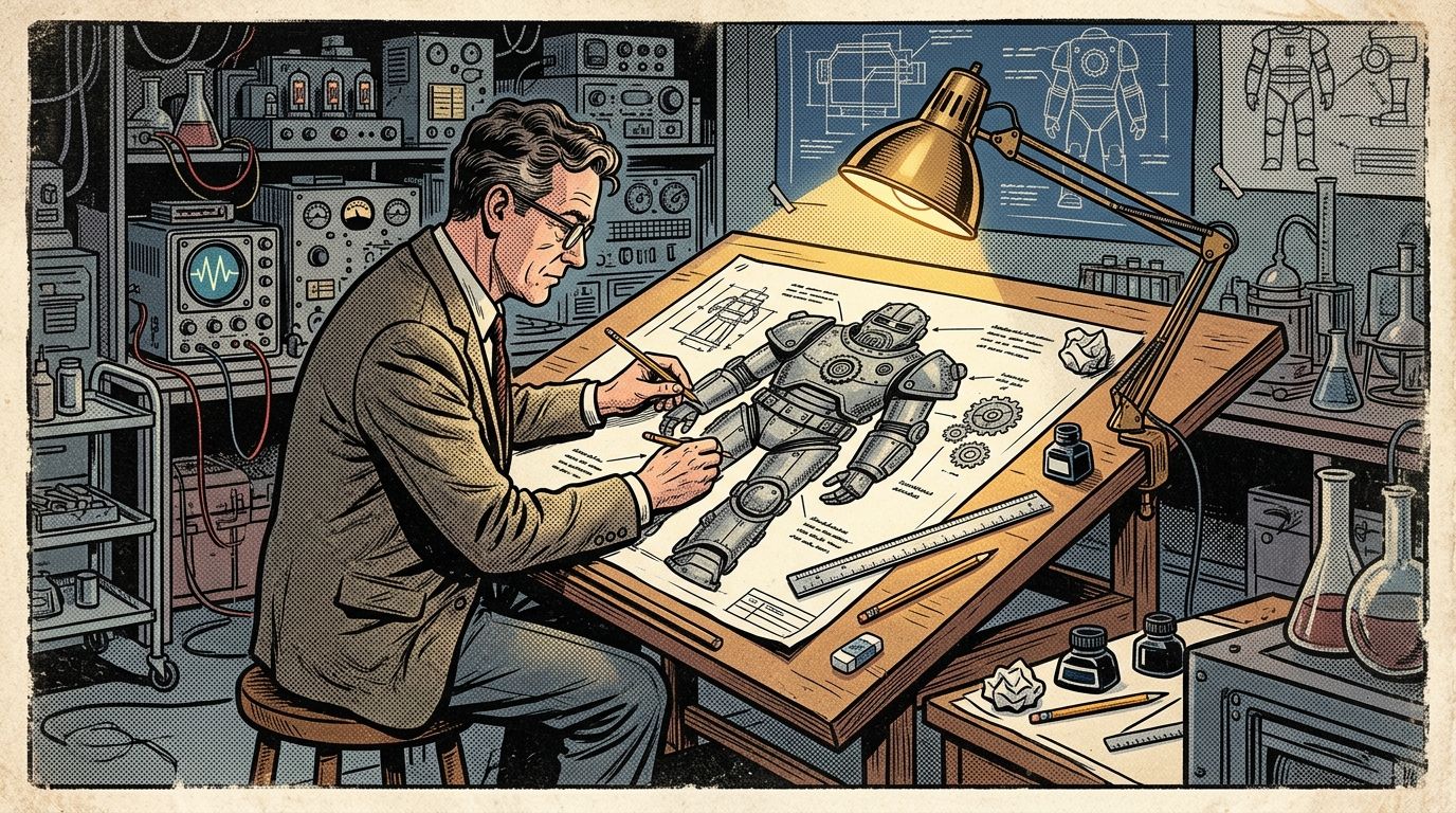Retro comic-style inventor drawing bulky powered armor in a laboratory