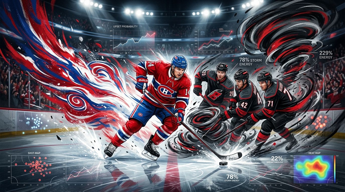 Editorial illustration of a Montreal player breaking through Carolina-style storm pressure on an ice rink with data overlays