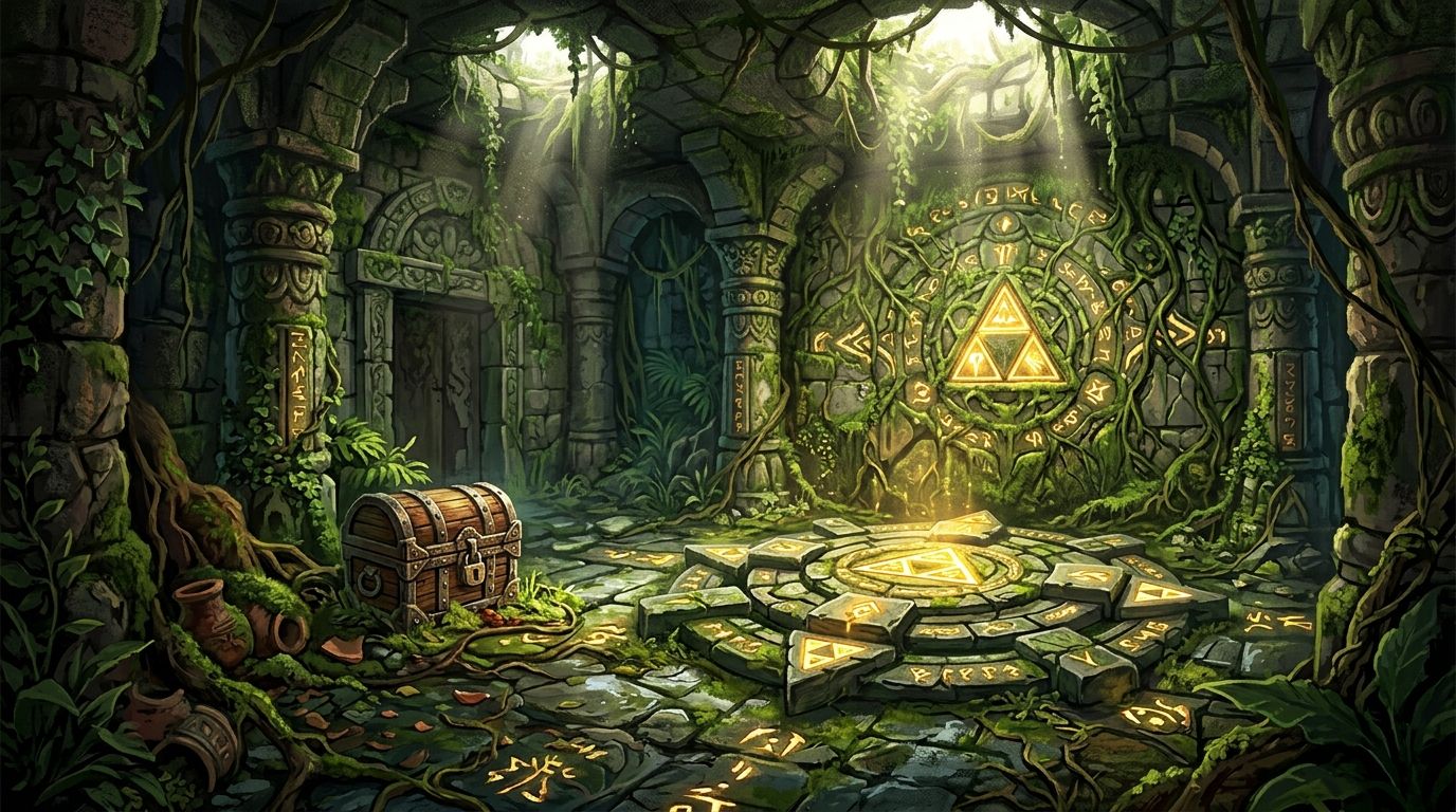 An ancient fantasy puzzle chamber filled with vines, golden symbols, sunlight, and a treasure chest.
