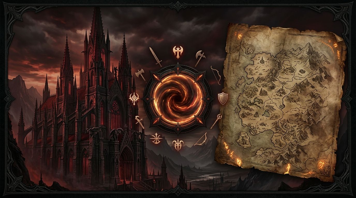 Dark fantasy cathedral, fiery portal, weapon symbols and an ancient map under a red storm sky