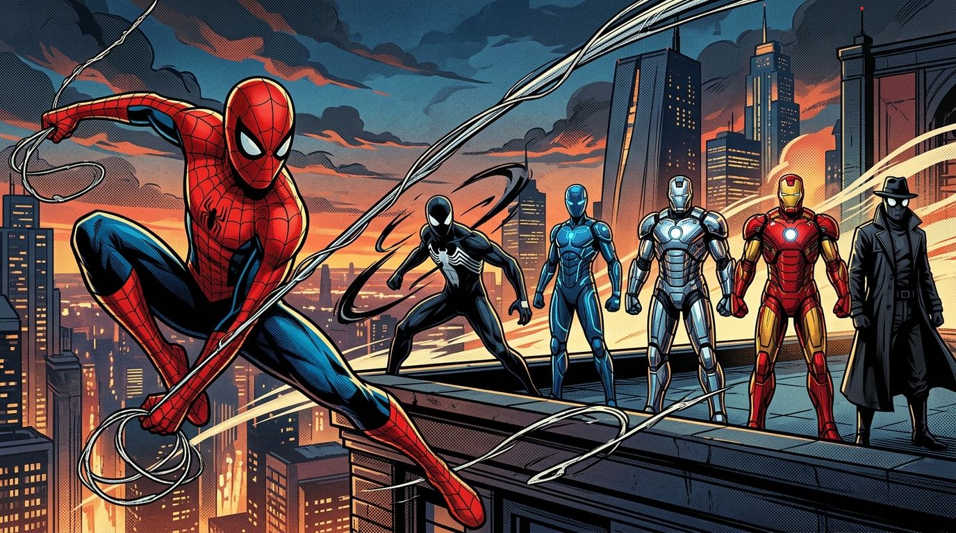 Comic-style lineup of web-slinger inspired superhero suits on a city rooftop