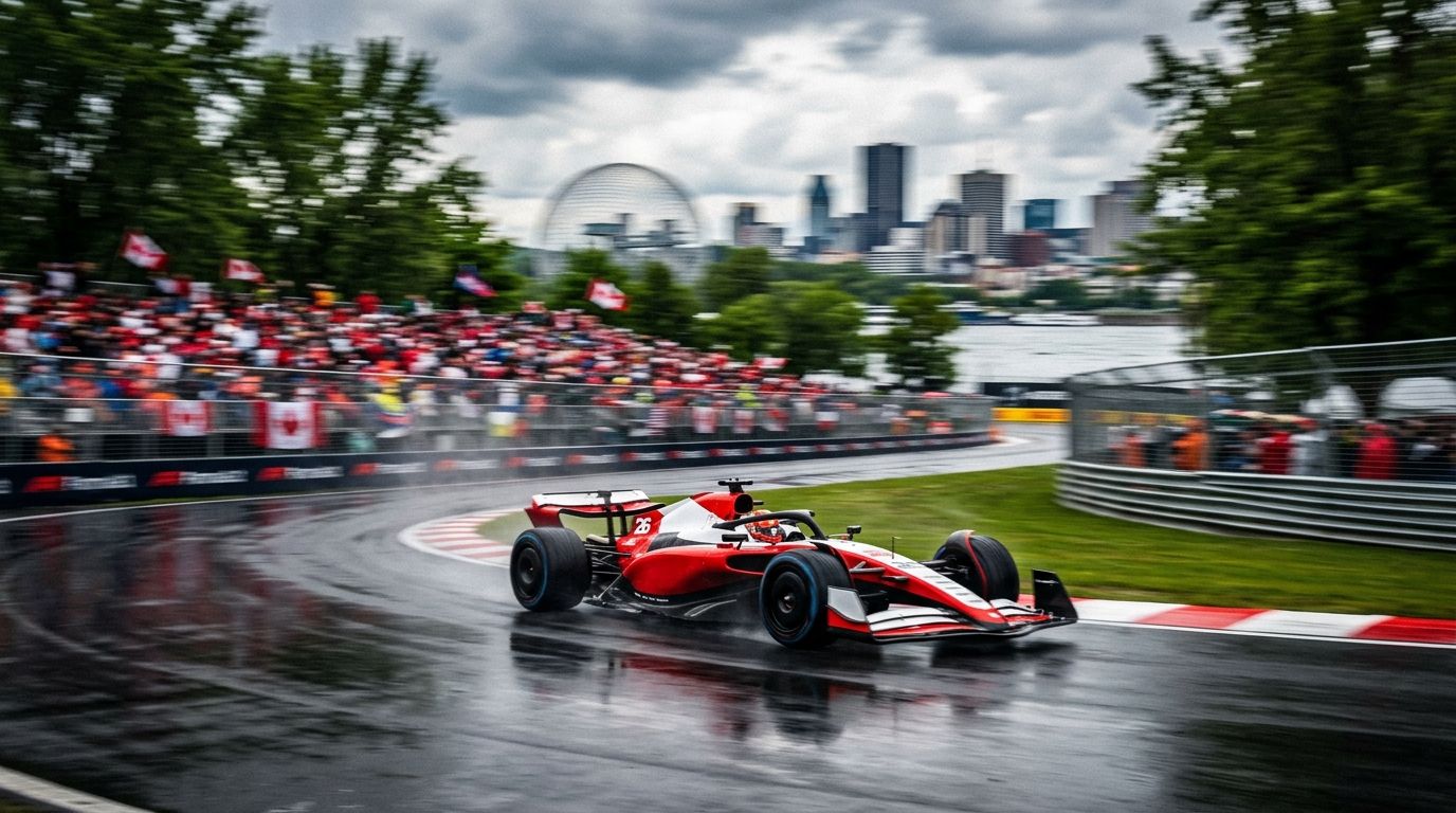 Open-wheel race car speeding through a Montreal-inspired street circuit scene