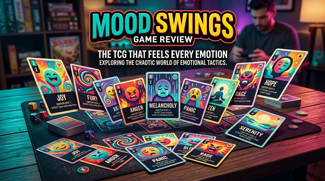 Colorful emotion-themed playing cards arranged on a tabletop for a Mood Swings review