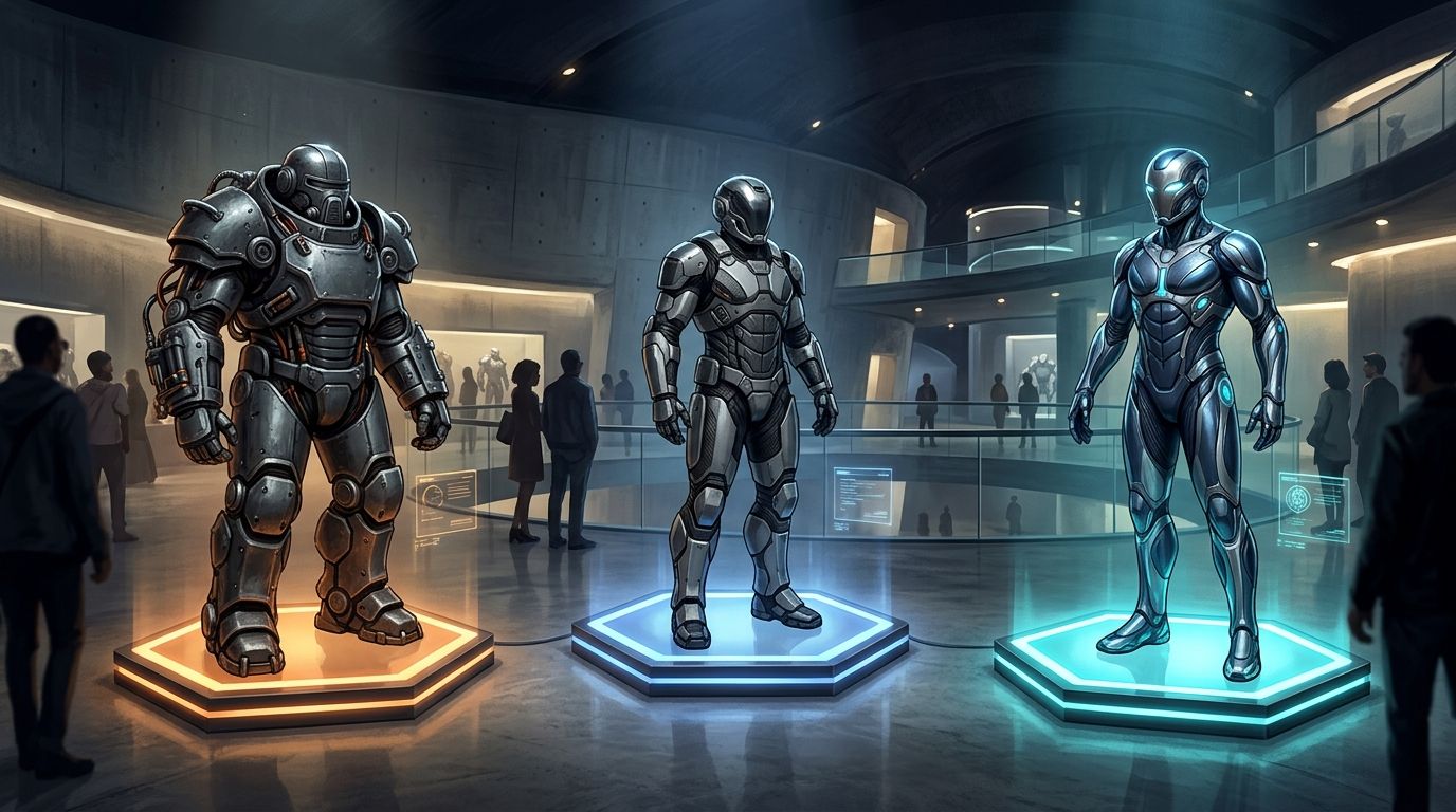 Museum-style display showing the evolution from bulky powered armor to sleek futuristic armor