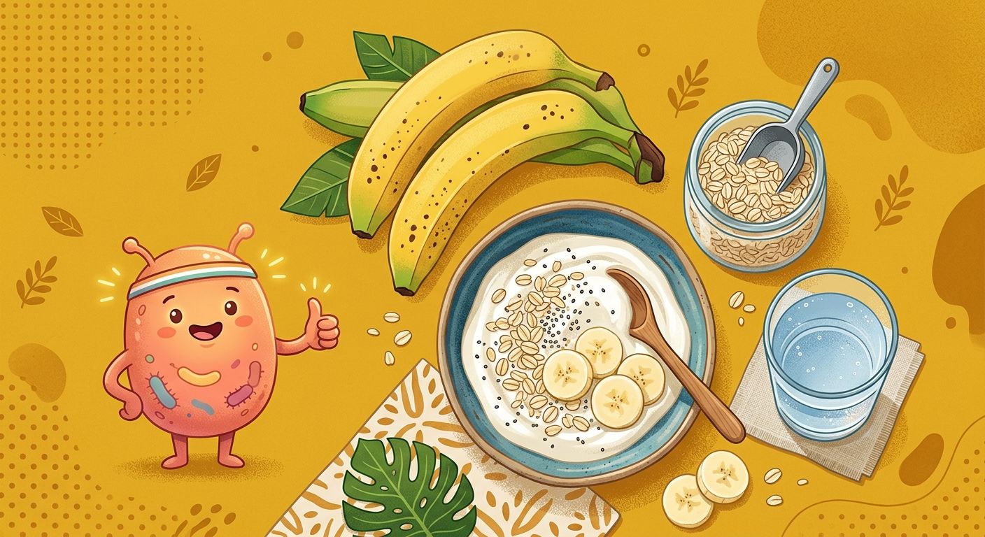 Bananas, oats, yogurt, water, and a happy gut mascot in a bright flat-lay illustration