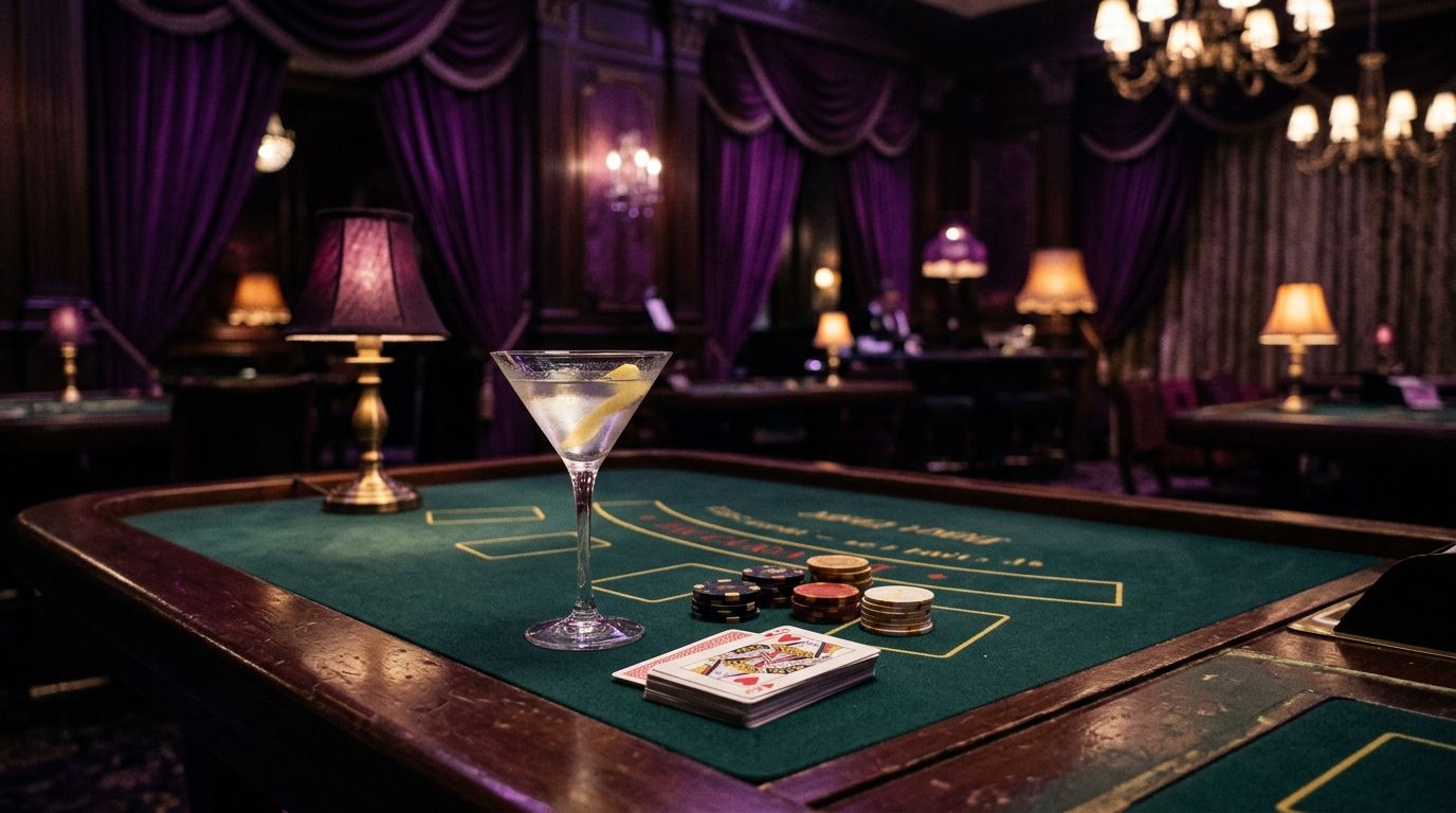 A photorealistic purple-lit casino table with cards, chips, and a martini glass