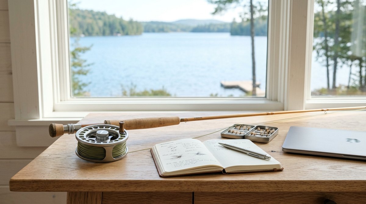 Professional photorealistic fishing themed workspace beside a bright lakeside window