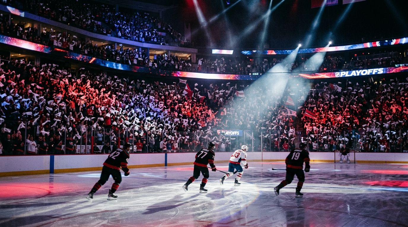 Modern playoff arena scene with anonymous hockey players racing through a dramatic red blue and black atmosphere
