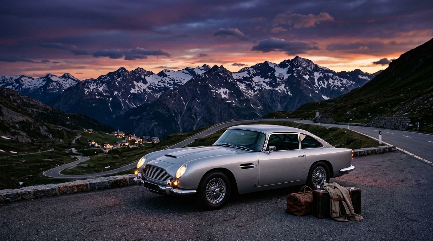 A photorealistic silver vintage grand touring car on an alpine road under a purple sunset