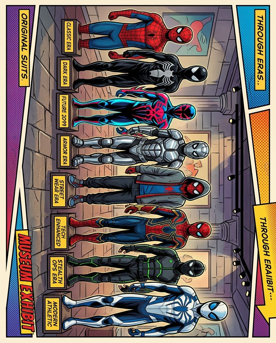Comic-style museum wall of web-slinger inspired suit designs across decades