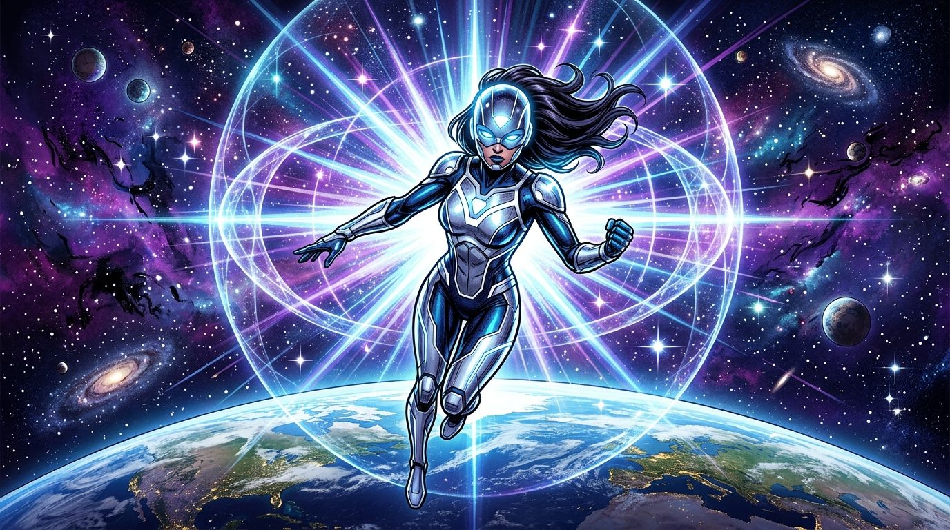 Original cosmic comic-style heroine surrounded by glowing force fields in space