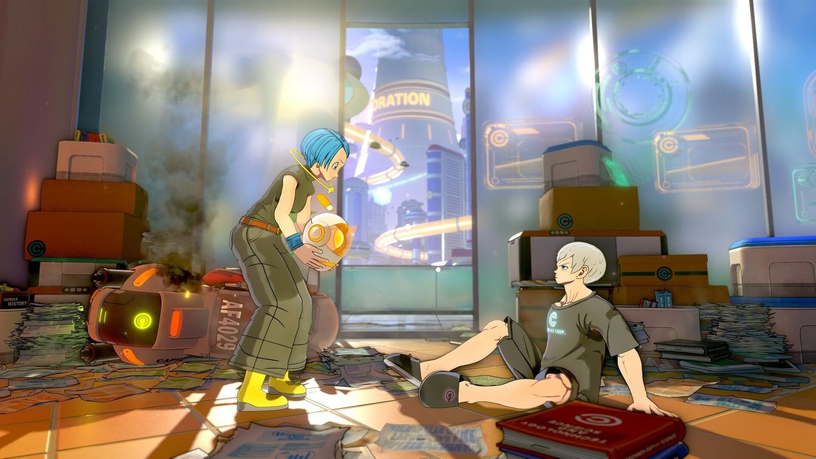 Bulma standing beside a custom player character in Dragon Ball Xenoverse 3