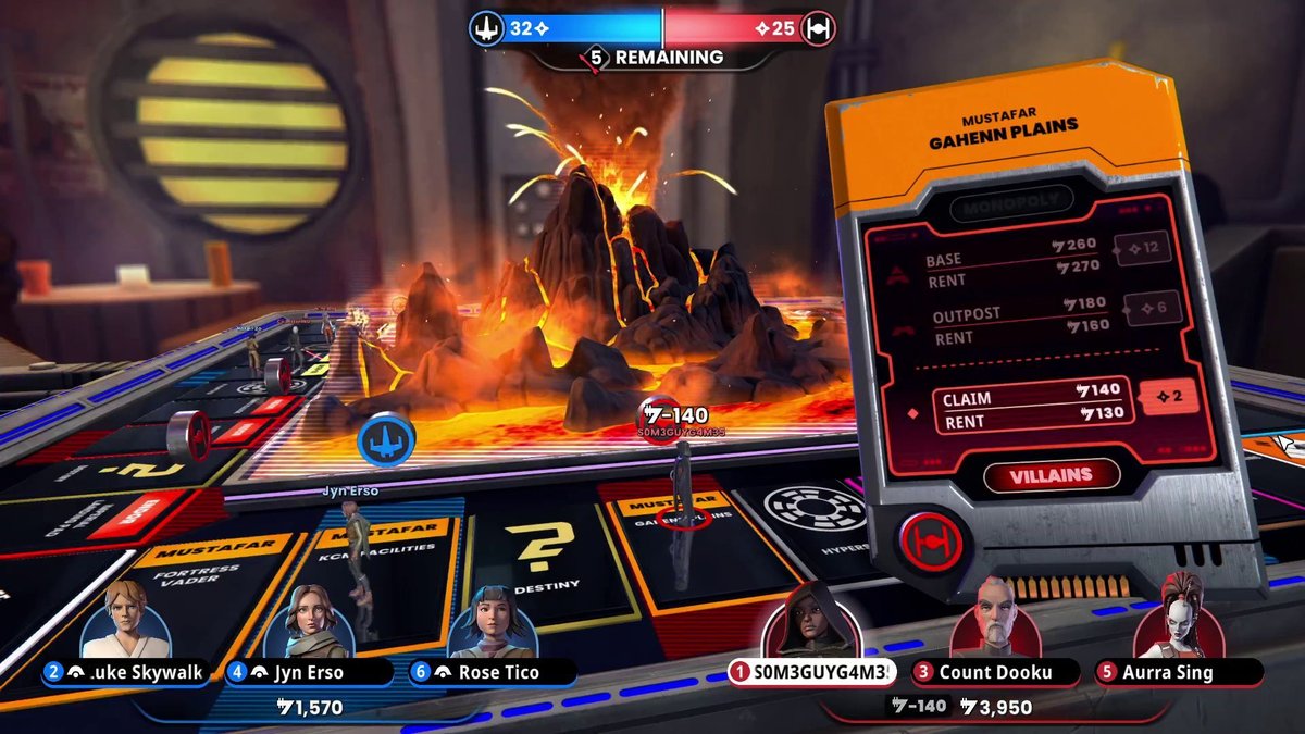 Monopoly Star Wars Heroes vs. Villains gameplay on a fiery Mustafar-inspired board