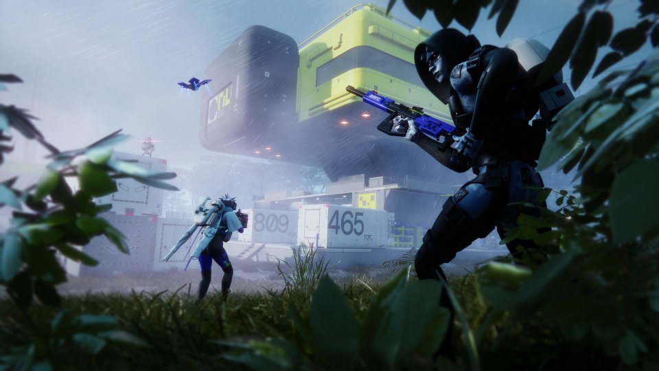 A futuristic Marathon character aiming a sci-fi rifle