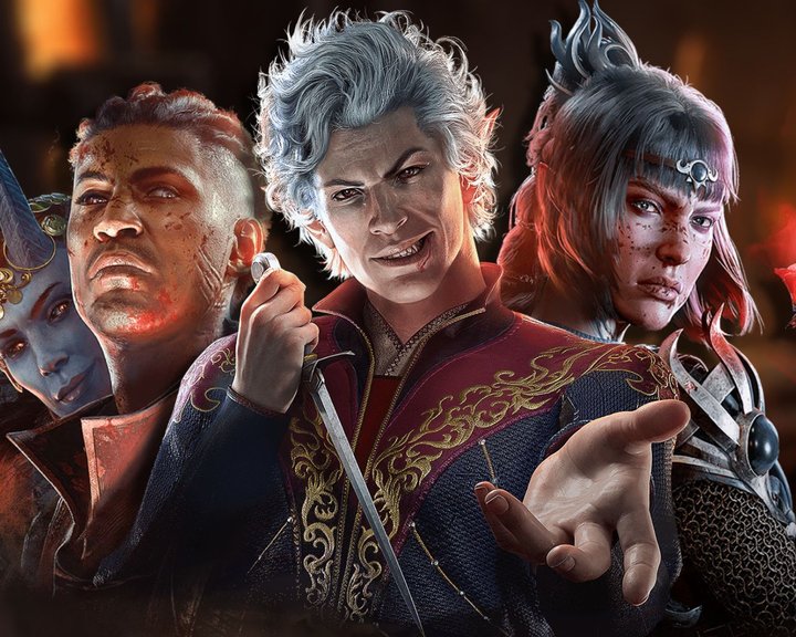 Baldur’s Gate 3 artwork showing Astarion, Wyll, Mizora, and Shadowheart in a dramatic firelit scene.