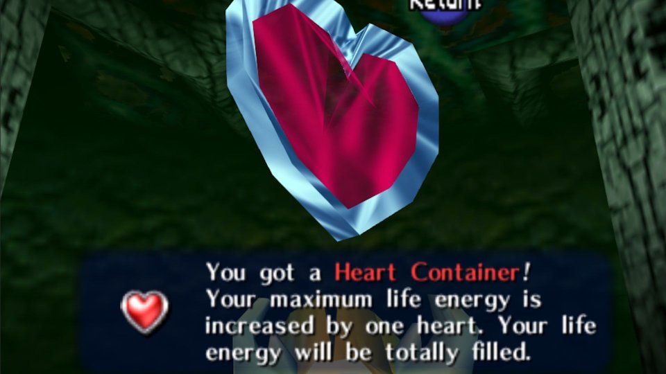 Link receives a heart container in The Legend of Zelda: Ocarina of Time