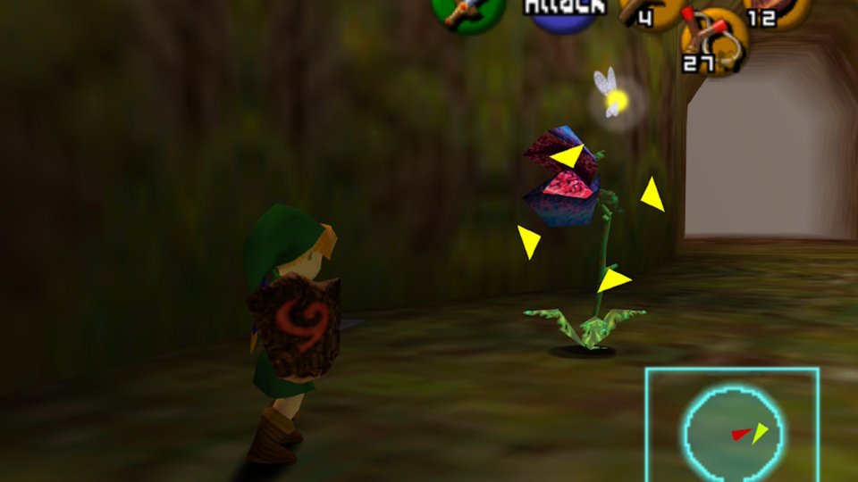 Link fights a Deku Baba inside an Ocarina of Time dungeon