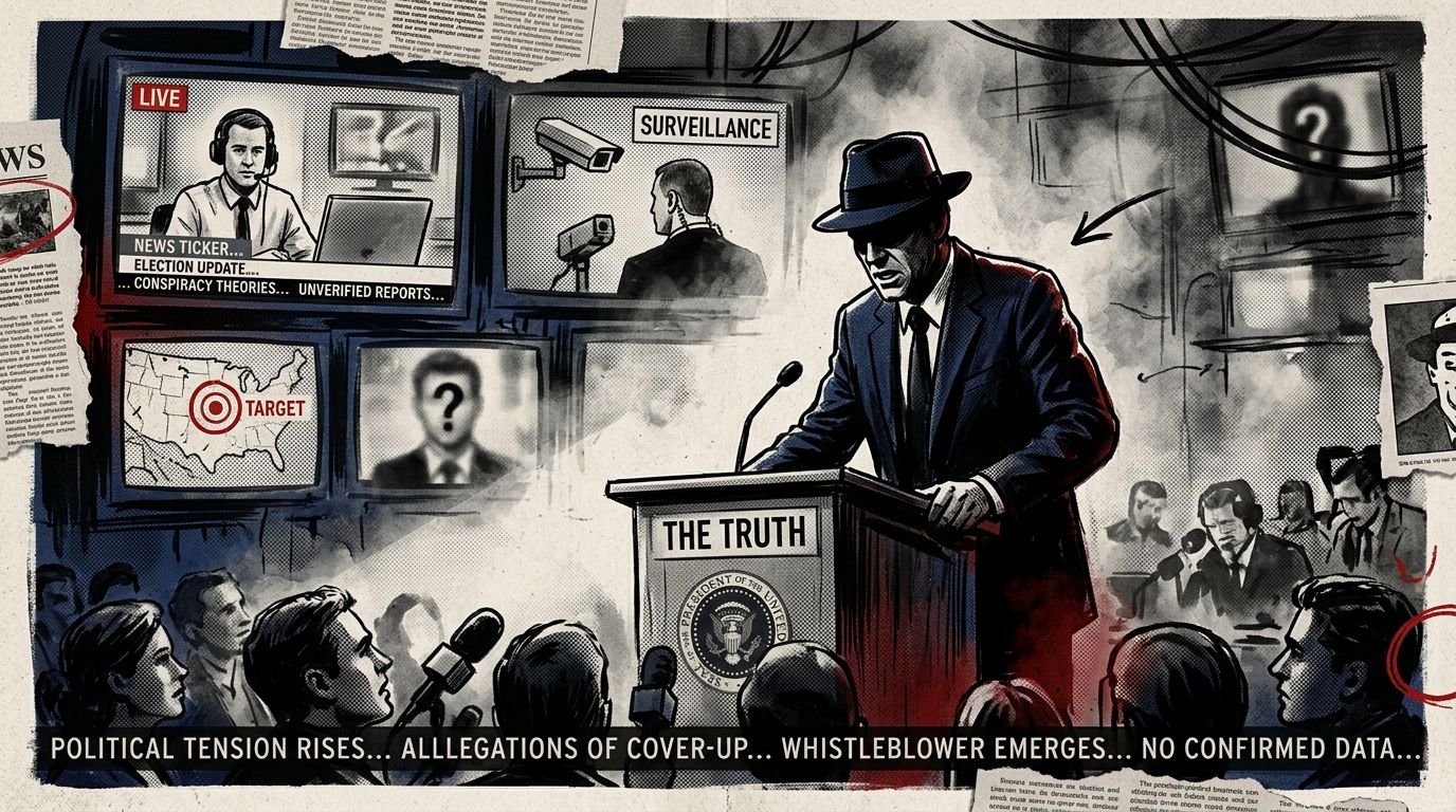 A shadowy political candidate stands at a podium in a cinematic newsroom-style conspiracy thriller illustration.