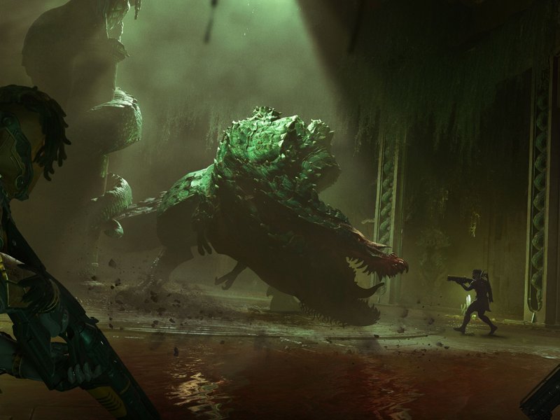 A lone Turok: Origins warrior surrounded by dinosaurs in a purple jungle