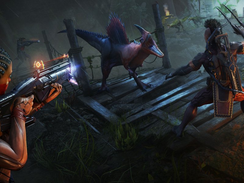 A Turok: Origins character aiming a heavy weapon in a chaotic combat encounter