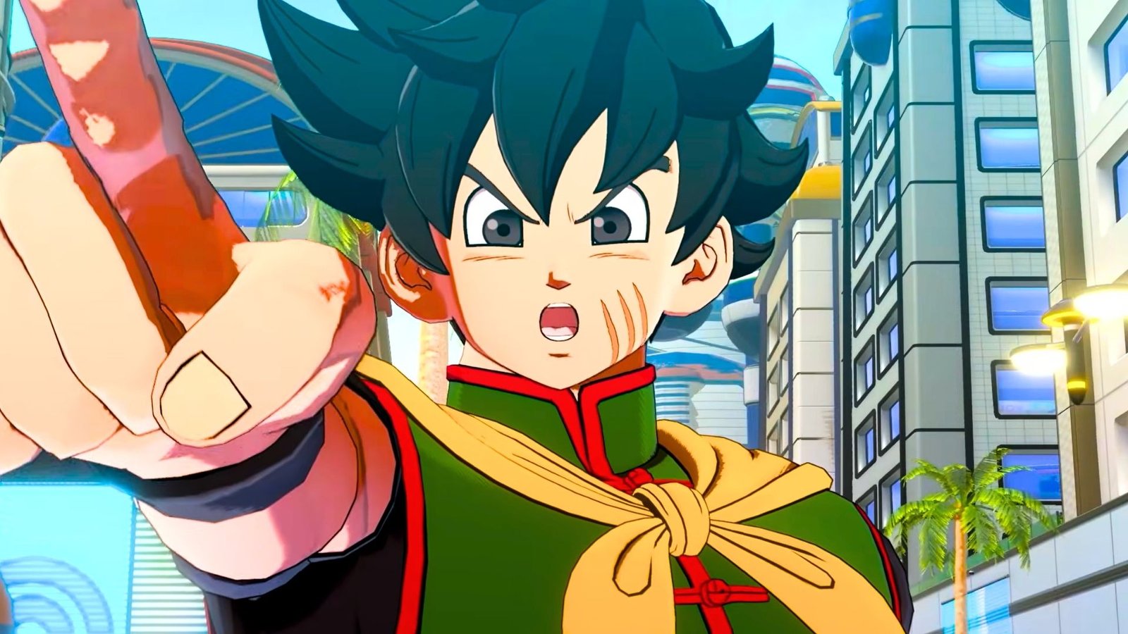 A Dragon Ball Xenoverse 3 character launching toward the camera in West City