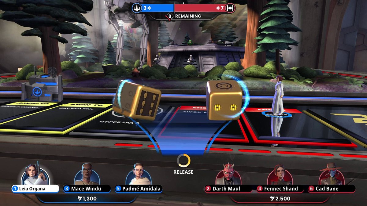 Star Wars characters gathered around a holographic Monopoly board in Heroes vs. Villains