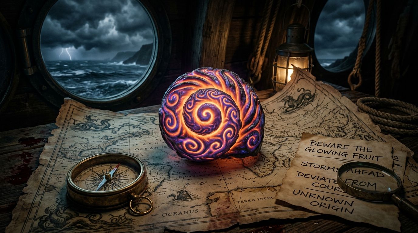 A glowing spiral fantasy fruit on an old nautical map during a storm.