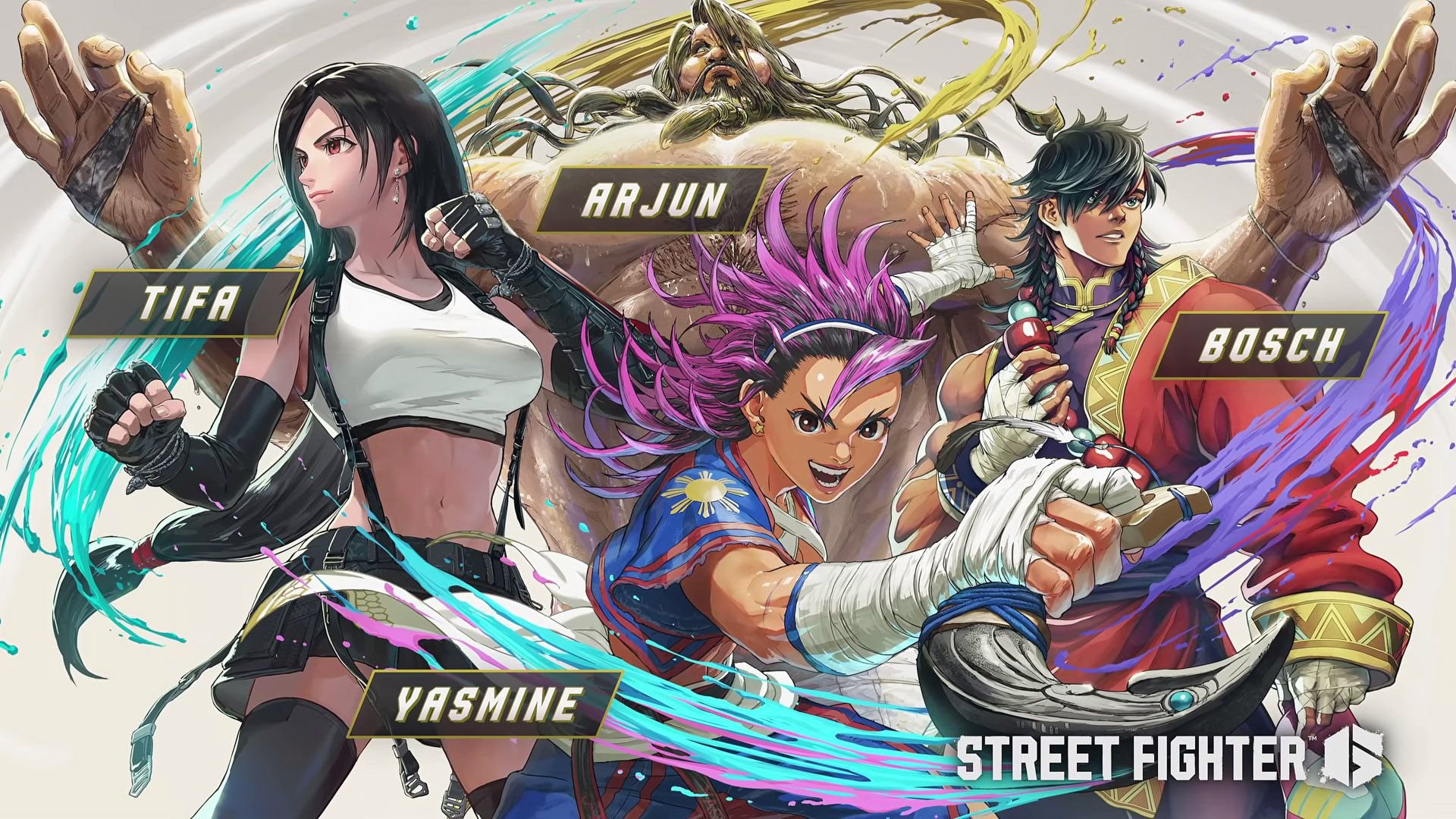 Street Fighter 6 Year 4 key art showing Tifa, Yasmine, Arjun and Bosch