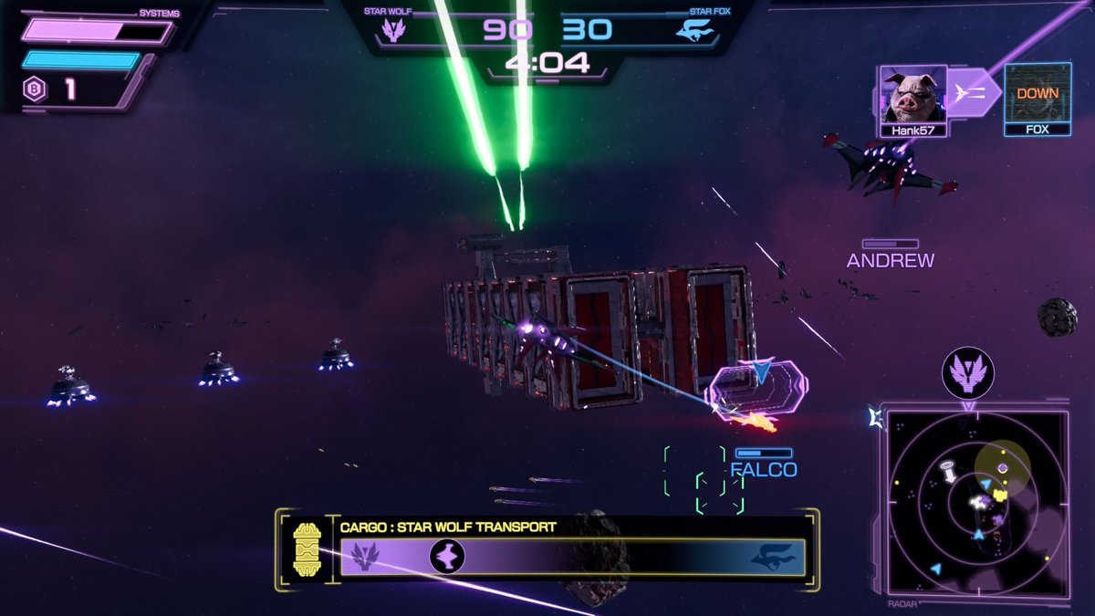 Fox McCloud's Arwing flying through a Star Fox Switch 2 space battle