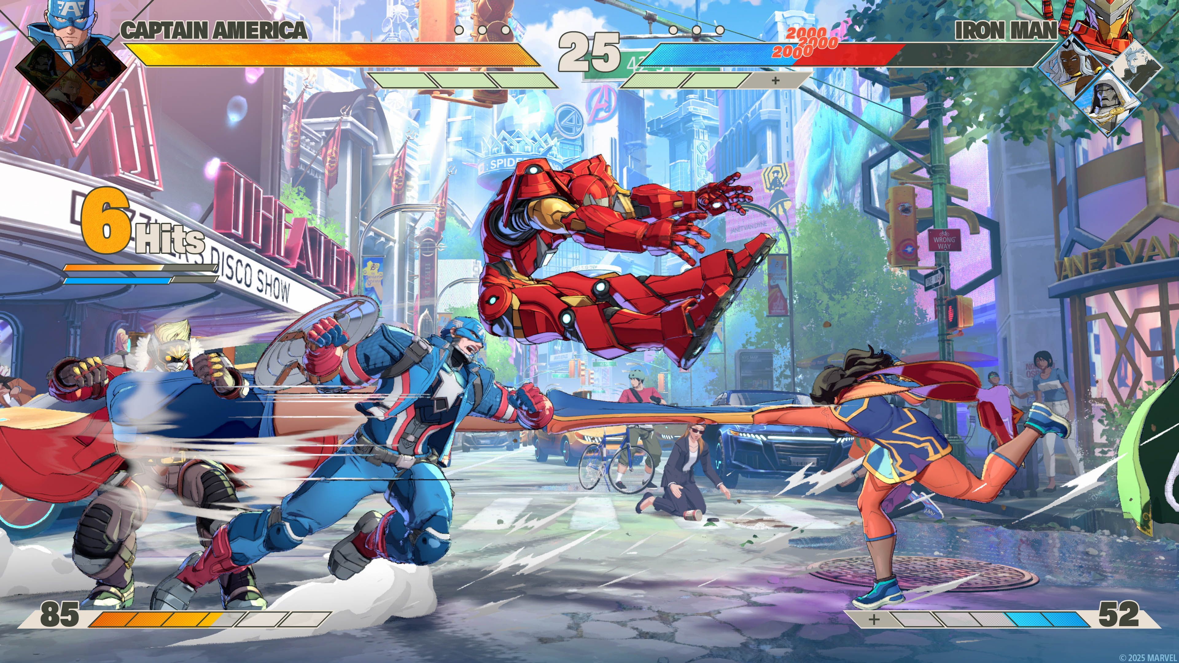 Gameplay screenshot of Marvel Tokon: Fighting Souls showing Captain America fighting Iron Man in a bright city street stage with health bars and a hit counter on screen.