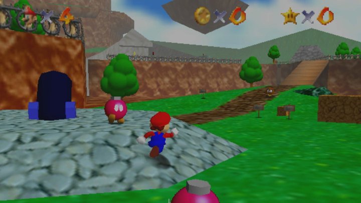 Mario exploring Bob-omb Battlefield in Super Mario 64