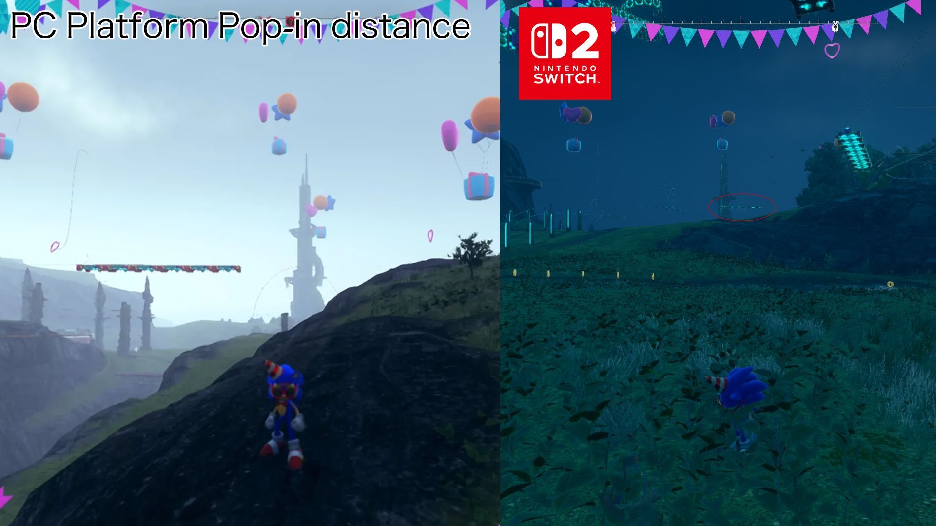Split-screen Sonic Frontiers screenshot comparing PC pop-in distance on the left with a Nintendo Switch 2-labeled view on the right.