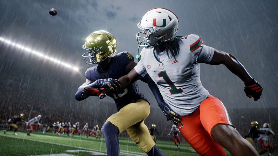 Miami and Notre Dame players battle for position in heavy rain during an EA Sports College Football 27 game.