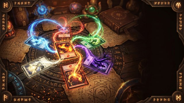 Fantasy trading-card battlefield with glowing spell cards and arcane mana energy