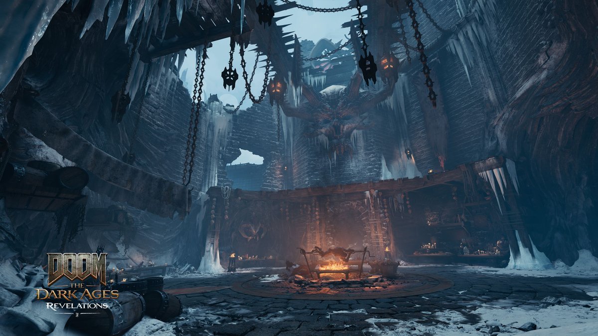 The Doomslayer fights through an industrial arena in DOOM: The Dark Ages Revelations