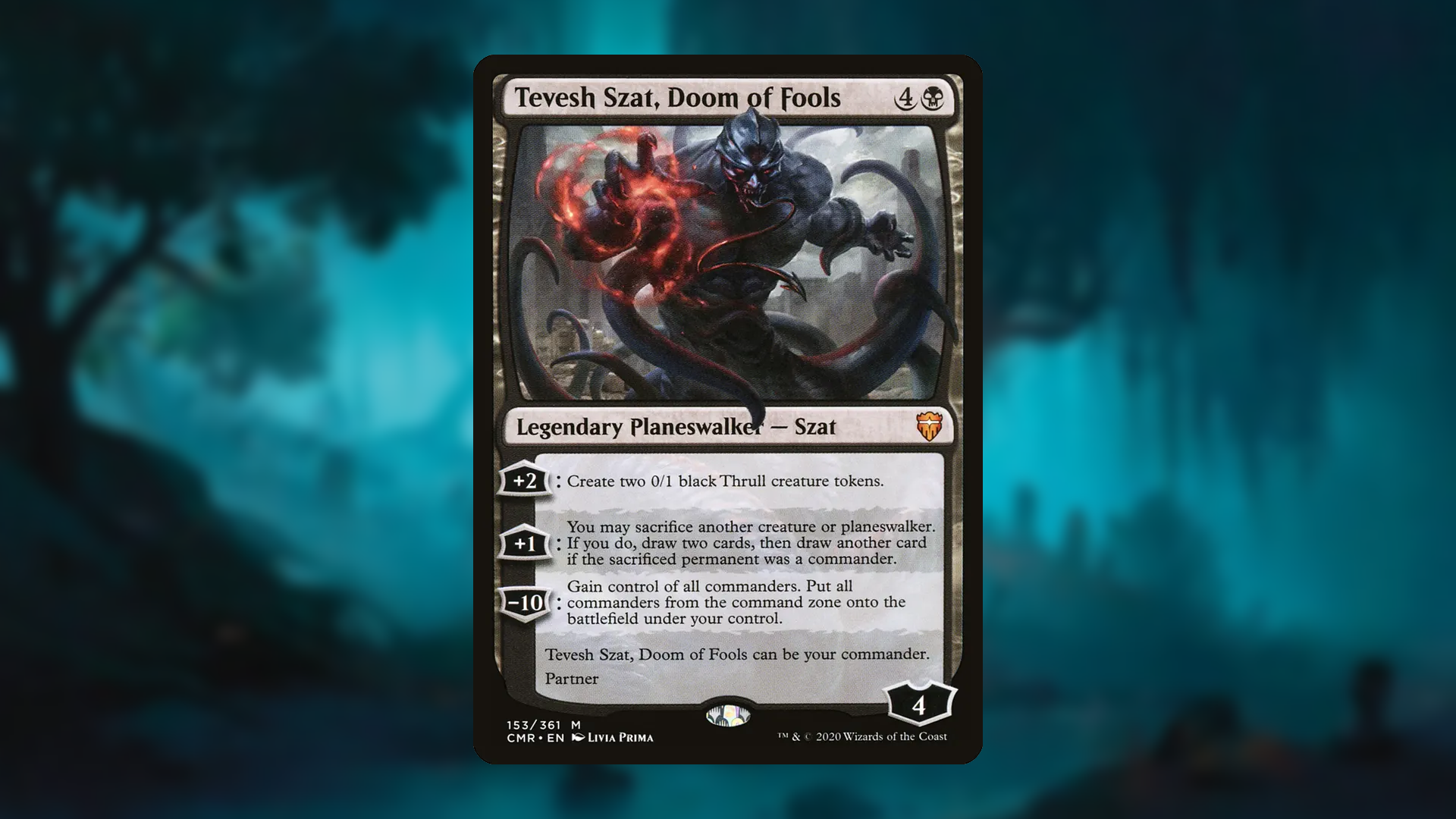 Magic: The Gathering card Tevesh Szat, Doom of Fools shown centered on a dark teal background.