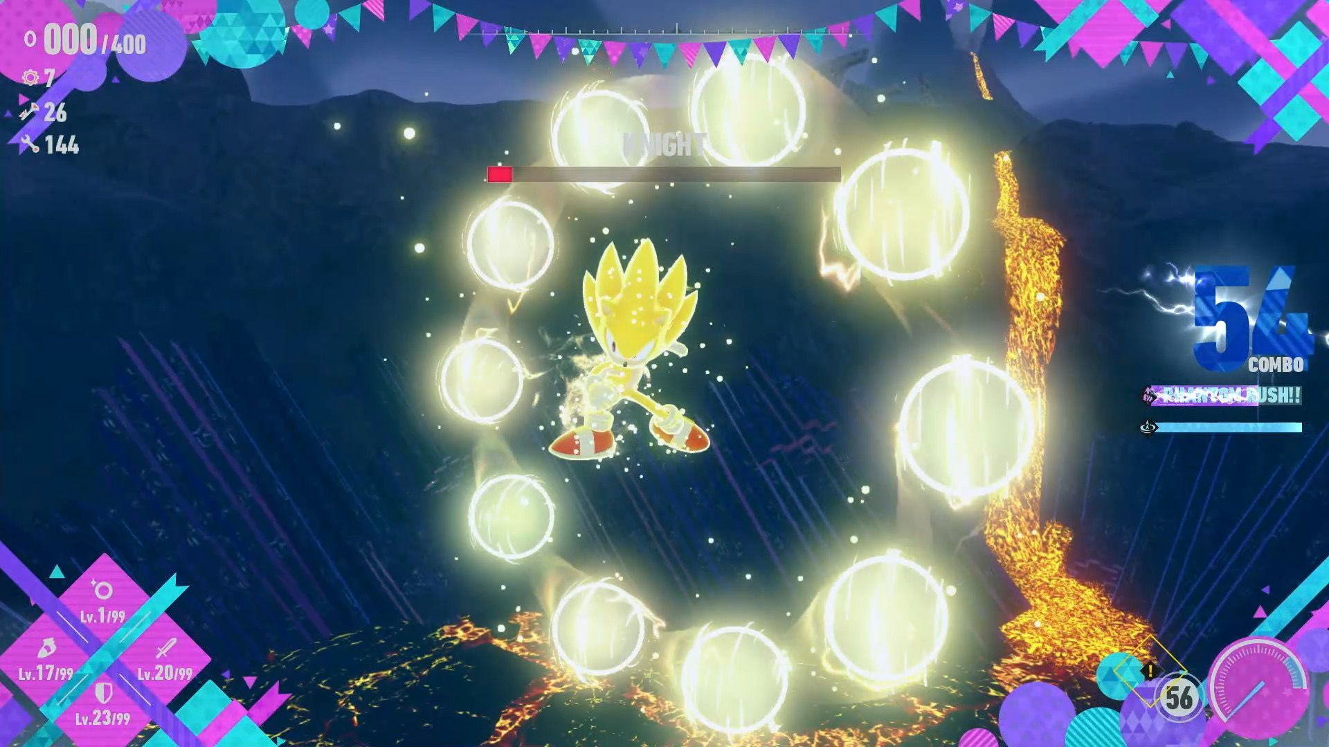 Super Sonic glows yellow while fighting a large boss amid bright energy effects and game HUD elements.