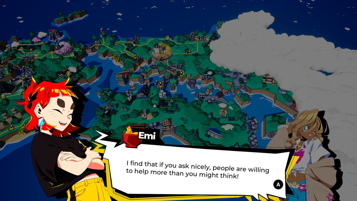 Emi and the Denshattack crew in a colorful in-game scene