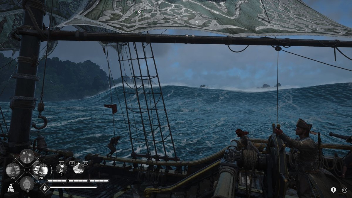 A crewed sailing ship rides over rough blue waves in Assassin's Creed IV: Black Flag.