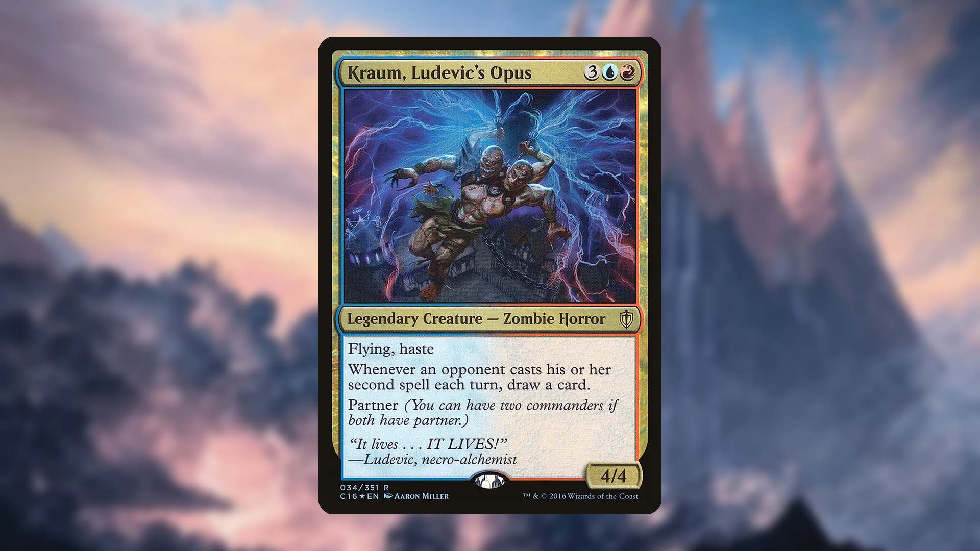 Magic: The Gathering card Kraum, Ludevic&rsquo;s Opus, featuring a zombie horror creature surrounded by lightning-like energy.